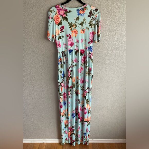 Bellamie Floral Maxi Dress Aqua Pink w/ Pockets Size L - Picture 6 of 12